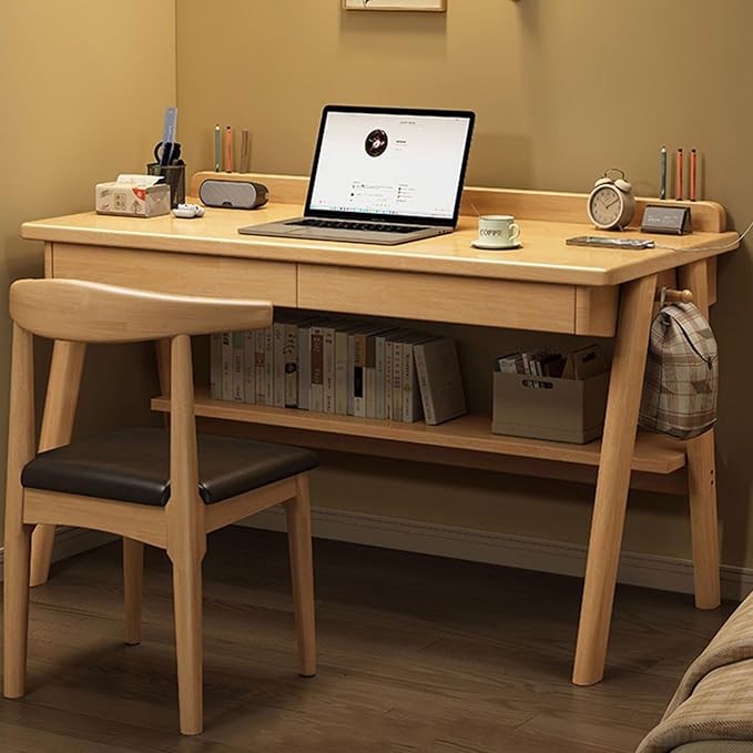 Mid-Century Modern Wood Desk,Computer Desks with Drawers and Storage Shelf,Study Work Writing Table,Modern Industrial Home Office Desks for Writing,Executive,Study,Work(Wood,47in(120cm))