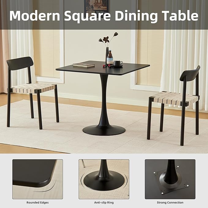 Square Dining Table, 31.5" Tulip Table with Thickened Tabletop & Metal Pedestal, Mid Century Modern Bistro Table for Kitchen, Small Places, Living Room, Cafe (Black)