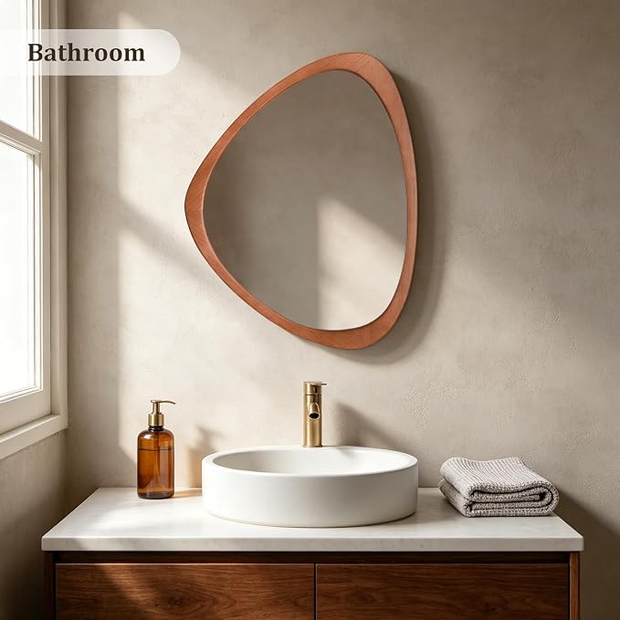 HOMECOOKIN 20" H x 25.5" W Asymmetrical Mirror, Irregular Wooden Wall Mirror for Bedroom, Living Room,Entryway– Boho Mid Century Modern Decorative, Solid Wood Frame, Pebble Shaped Design (Walnut)