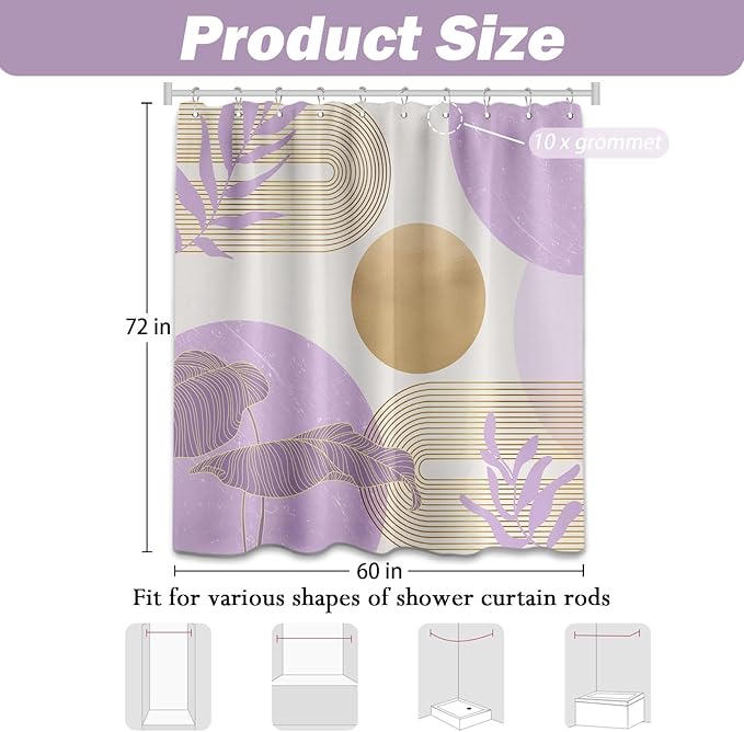 Purple Shower Curtain Lavender Light Purple and Gold Shower Curtains for Bathroom Decor MCM Bath Curtain Set, Waterproof Fabric with Hooks 60 x 72 Inch