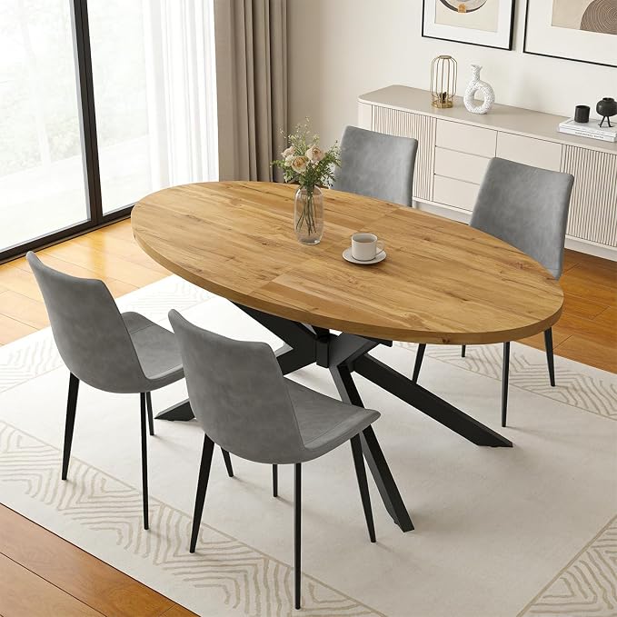 63"-78.7" Extendable Round Dining Table Set for 4, 5 Piece Mid Century Modern Oval Kitchen Table Set, Large Dining Table with 4 Dining Chairs for Living Room Space Saving（Walnut Table+4 Grey Chairs)