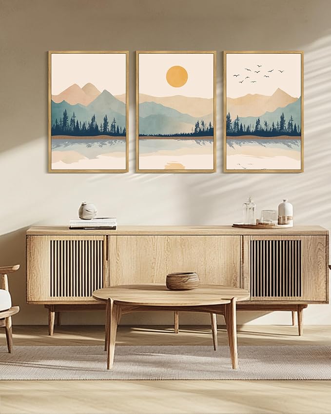 KUVIOKE Mountain Landscape Framed Canvas Wall Art Watercolor Nature Laker Painting Sun Rises Boho Farmhouse Rustic Room Decor for Bedroom Dining Room 24x36in (Natural Framed)
