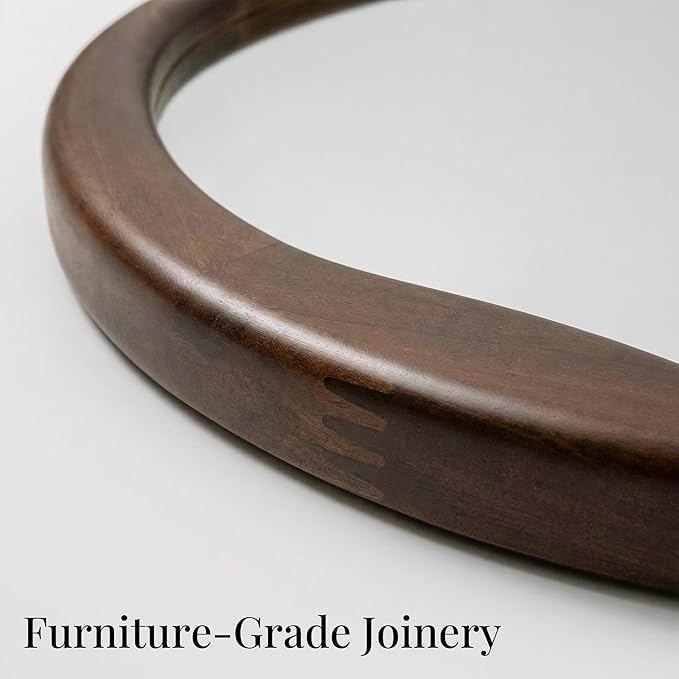 Round Dark Wood Mirror 24 Inch, Irregular Wavy Inner Frame Wall Mirror for Powder Room, Guest Bath, Solid Wood Asymmetrical Modern Decor