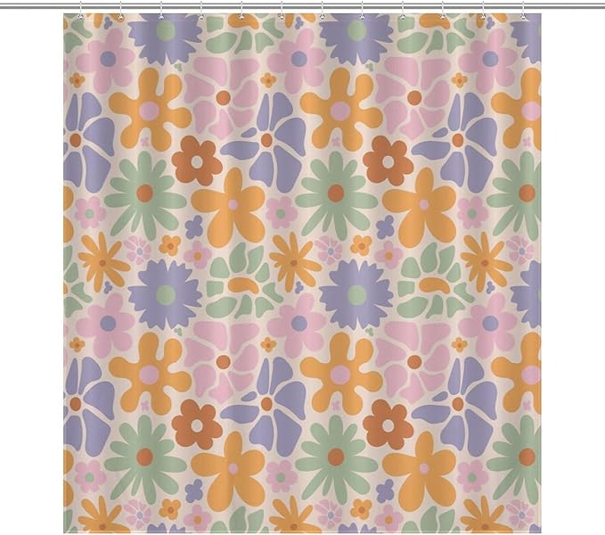 Mid Century Colorful Floral Shower Curtain, Boho Abstract Vintage Retro Orange Flower Botanical Aesthetic Washable Waterproof Fabric for Bathroom Decor Bathtub with 12 Hooks 66x72in（168x183cm）