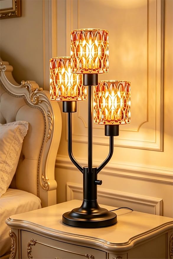 Lightdot Mid Century Modern Table Lamp Dimmable Nightstand Lamp Red Glass Vintage Black Desk Lamp 3 Bulbs Included Warmwhite Ambient Bedside Lamps for Living Room Bedroom Girls Room Home Office Decor