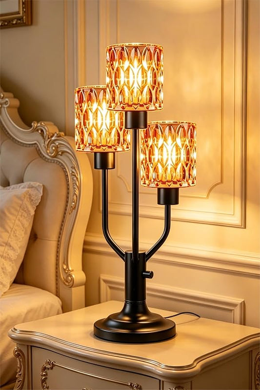 Lightdot Mid Century Modern Table Lamp Dimmable Nightstand Lamp Red Glass Vintage Black Desk Lamp 3 Bulbs Included Warmwhite Ambient Bedside Lamps for Living Room Bedroom Girls Room Home Office Decor