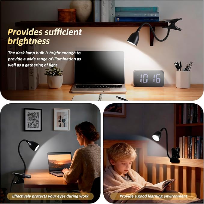 EJIAXIN Desk Lamp for Home Office - Clip on Reading Light and Bed Headboard Clamp Lamp, Bedside Gooseneck Table Lamp, Clip on Desk Lamps, Eye-Caring Desk Lamp for College Dorm Room Study Lamp, Black