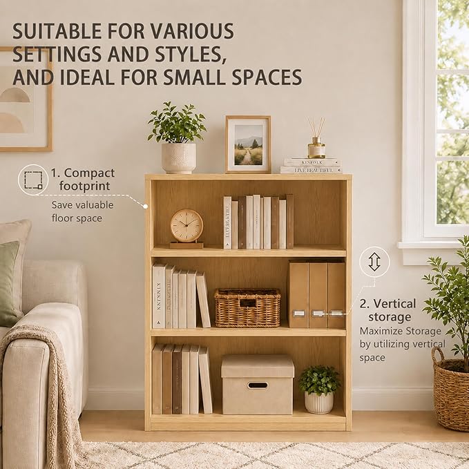 Wooden 3-Tier Bookshelf, Adjustable Open Storage Shelf Unit, 31.5" Tall Bookcase（Oak）
