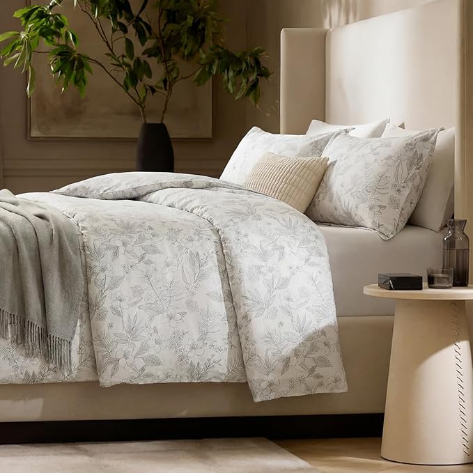 100% Cotton Floral Duvet Cover Set King Size Ultra Soft Breathable Grey Floral and Leaf Comforter Cover Set 3 Pcs All Season Cozy Floral Bed Cover with Zipper Closure