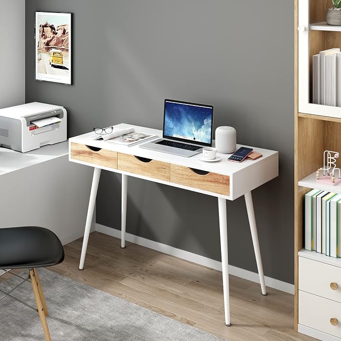 DlandHome Computer Desk with Drawers Mid Century Modern Desk 41.3 Inches Vanity Desk with 3-Drawers, Office Desk with Drawers Writing Desk Study Table Makeup Tables, Bedroom Dresser Table