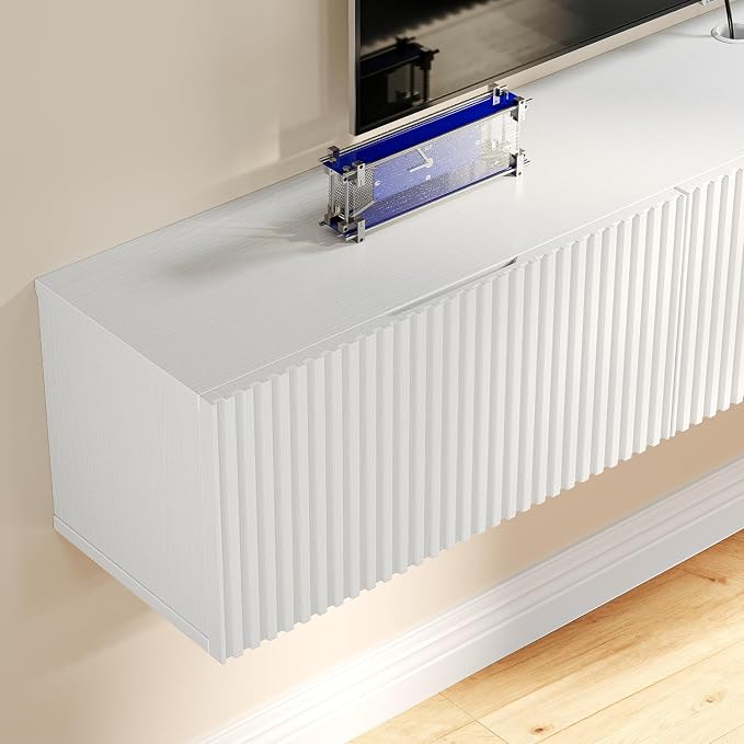 Floating TV Stand with 3 Doors,70IN Wall Mounted TV Cabinet,Floating Media Console Slatted Entertainment Center with Storage,Under TV Shelf for Bedroom Living Room,White