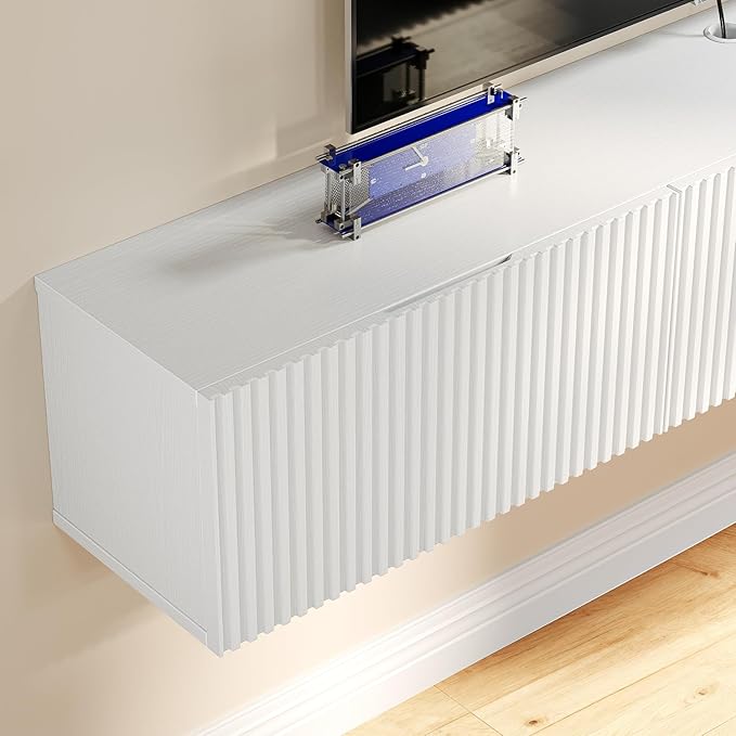 Slatted Floating TV Stand with 3 Doors,63IN Wall Mounted TV Cabinet,Floating Media Console Entertainment Center with Storage,Under TV Shelf for Bedroom Living Room,White