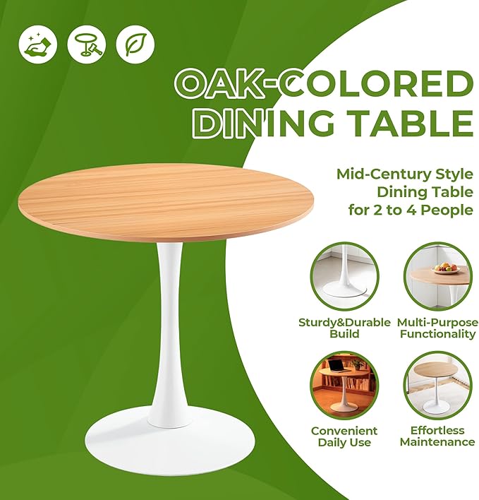 31.5 Inch White and Oak Round Dining Table for 2-4 People,Mid-Century Tulip Kitchen Table, Pedestal Base Table for Small Space Kitchen Dining Room