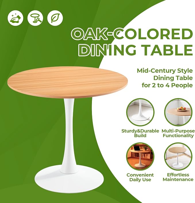 31.5 Inch White and Oak Round Dining Table for 2-4 People,Mid-Century Tulip Kitchen Table, Pedestal Base Table for Small Space Kitchen Dining Room