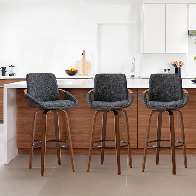 LUNLING 25.6" Counter Height Bar Stools Set of 3 Mid Century Modern Retro Bar Chairs Charcoal Darkgray Linen Look Fabric Upholstered and Walnut Wood Frame Barstools for Home Bar Furniture