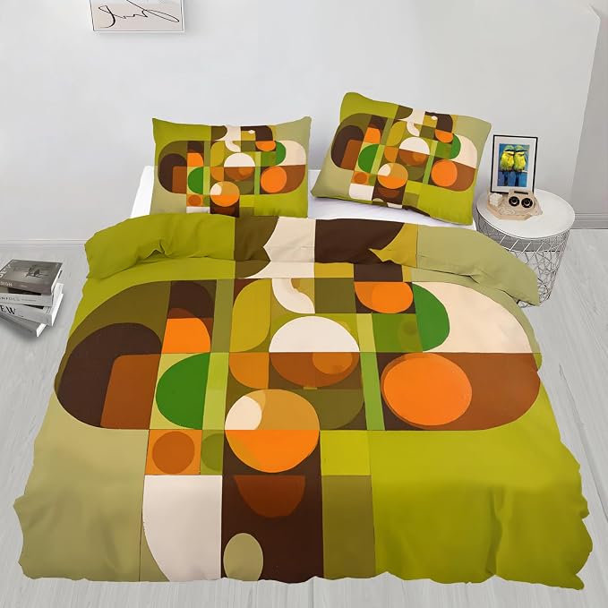 Mid Century Modern Duvet Cover Queen Size, Vintage Colorful Geometric Bedding Set 3 Piece, Multicolor Geometric Patterned Comforter Cover with Zipper Soft Microfiber, 2 Pillowcases