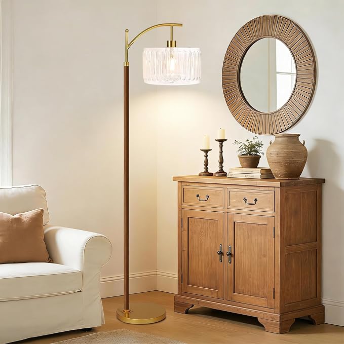 ILLMTW Arc Floor Lamp for Living Room,Bedroom,Glass Mid Century Modern Standing Lamp with Remote Dimmable,Wood Vintage Gold Tall Lamp White Lamp Shade Floor Lights Boho Bohemian Tiffany Style