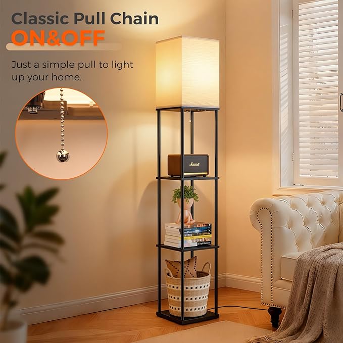 FOLKSMATE 2-Pack Floor Lamp with Shelves, 3-Tier Modern Square Bookshelf Floor Lamp, 3 Color Temperature Bulb Included, Black Floor Lamps for Living Room Bedroom Corner