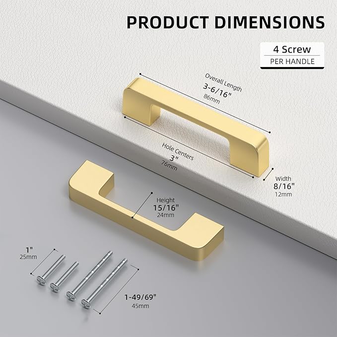 25 Pack 3 Inch Brushed Gold Cabinet Pulls Solid Zinc Alloy Gold Cabinet Handles - Brushed Brass Dresser Drawer Pulls for Kitchen Cabinet Hardware Zinc Alloy Handles