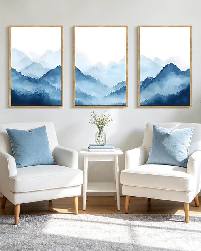 KUVIOKE Blue Watercolor Mountains in Fog Framed Wall Art Wilderness Nature Landscape Painting Rustic Scenic Relax Cool Room Decor for Bedroom Dining Room 24x36in (Natural Framed)
