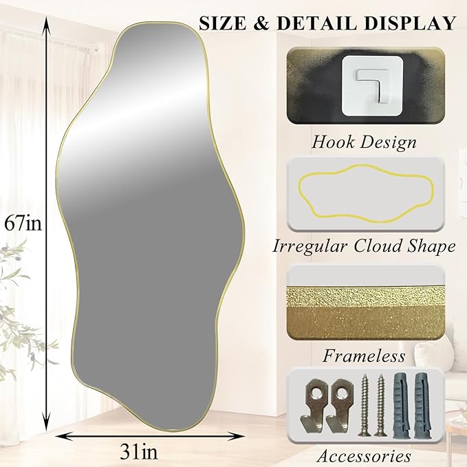 Irregular Mirror Full Length, 67"x31" Large Asymmetrical Tempered Glass Mirror for Dressing, Gold Modern Abstract Frameless Wall Mirrors for Living Room Bathroom Bedroom Hallway Entryway