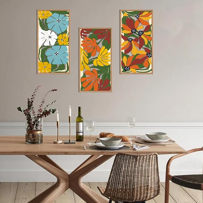 IARTTOP Boho Floral Wood Wall Art Framed 8x16 Inch Set of 3 Minimalist Botanical Plant Wooden Wall Decor Colorful Mid-century Modern Flower Artwork for Living room Bedroom Office