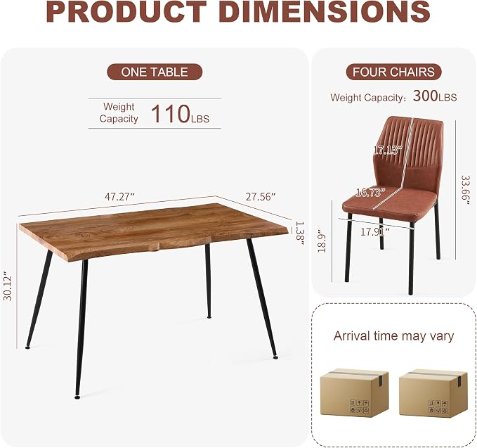 Dining Table Set for 4, Modern Wood Irregular Rectangle Dining Table,Leather Dining Chairs 4,Table and Chairs Set of 4 for Kitchen Dining Room, Brown