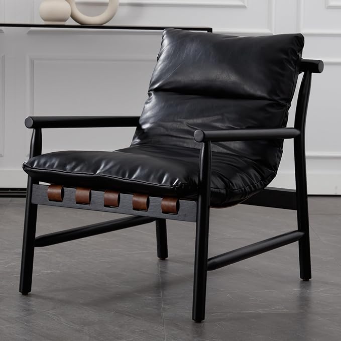 DUOMEI Faux Leather Accent Chair, Mid Century Modern Living Room Chairs with Solid Wood Frame, Upholstered Lounge Reading Chair Comfy Arm Chair Cozy Recliner for Bedroom/Guest Room, Black