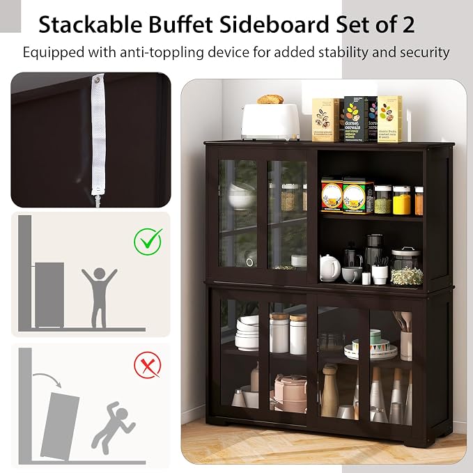 Byroce Sideboard Buffet Cabinet, Stackable Storage Coffee Bar Cabinet with Adjustable Shelf & Glass Sliding Doors, Wood Cupboard Credenza Console Table for Kitchen Dining Living Room (2, Coffee)