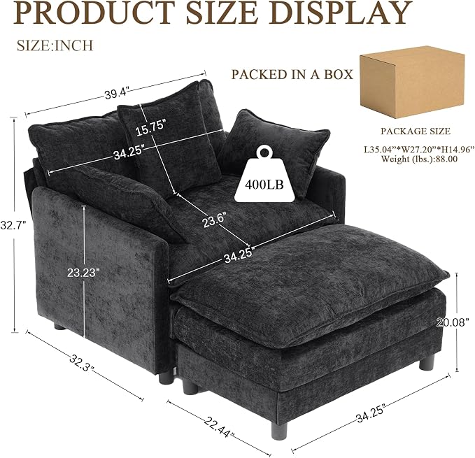 Oversized Accent Chair with Ottoman, Chenille Cloud Single Sofa Upholstered Double-Layer Seat Lounge Armchair with Pillows for Living Room Reading Apartment, Black