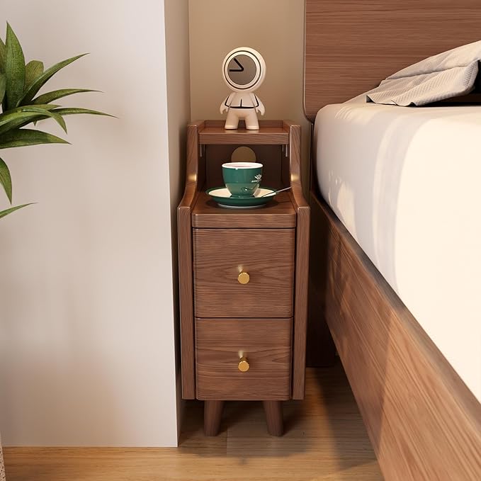 Narrow Nightstand with 2 Drawers,Walnut Nightstand,Bedside Table,Solid Wood Modern Bedside Table for Bedroom,Study,Toilet