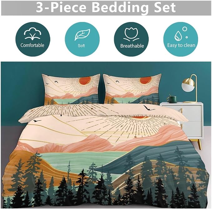 Boho Sun Bedding Set,Modern Minimalist Abstract Mountain Nature Leaves Sunrise Comforter Set with Pillowcase for Bedroom Bed Decor,King 102"x90"