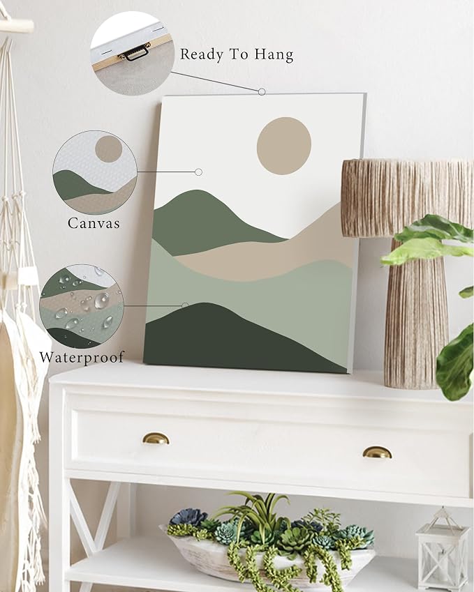 Drsoum Boho Framed Wall Art Minimalist Geometric Abstract Boho Room Decor Green Sage Botanical Mid Century Modern Bohemian Prints Living Room Bedroom Ready to Hang 8x10inx6pcs (Framed)
