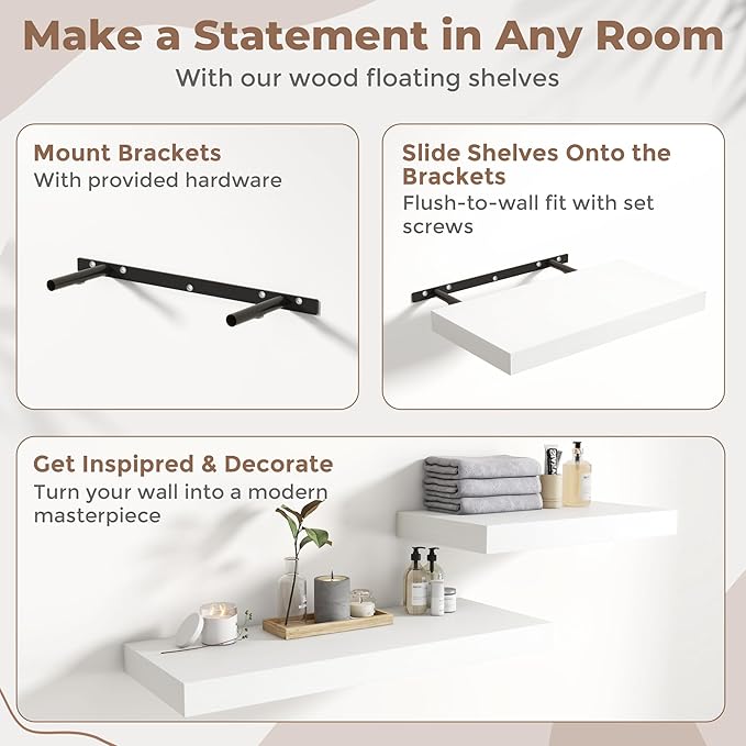 30 Inch Floating Shelves for Wall Set of 2, 12"D Wood Grain Bathroom Shelves with Invisible Brackets, Easy Install Engineered Wood Storage Shelves for Kitchen, Living Room, Bedroom, White Finish
