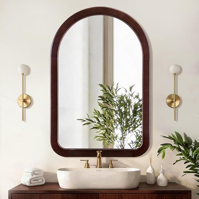 Arched Mirror 24 x 36 Inch,Dark Walnut Brown Wood Rustic Bathroom Tempered Wall Mirror with Wood Frame,Round Corner Arch Farmhouse Wooden Vanity Mirror for Living Room,Entryway or Bedroom