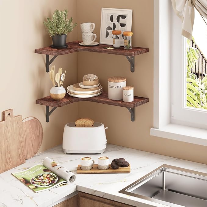 YGEOMER Corner Floating Shelves, Wall Mounted Corner Shelf for Bathroom, Kitchen, Bedroom, Home Decor, Laundry Room, Living Room(Set of 4 Walnut Brown)