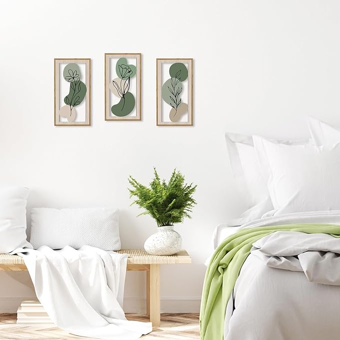 HPNIUB 3 PCS Minimalist Floral Wall Decor, Boho Green Geometric Hanging Wood Sign for Living Room, 8x16Inch Modern Bohemian Botanical Leaf Wooden Plaque for Apartment Bedroom Office Decoration