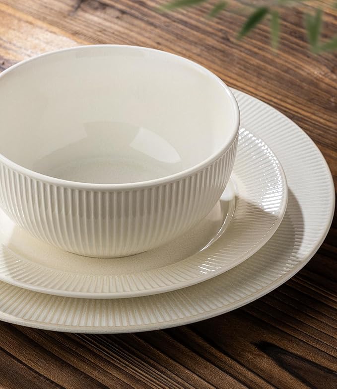 TheTerra Stoneware Dinnerware Sets for 6, 18 Pieces Ceramic Plates and Bowls Sets, Scratch Resistant Embossed Dish Set, Oven, Microwave & Dishwasher Safe, Reactive White