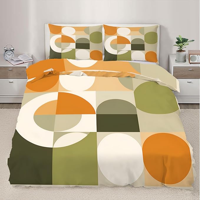 Mid Century Modern Duvet Cover Queen Size, Abstract Geometric Bedding Set 3 Piece Bedroom Decor Circle Medieval Comforter Cover and 2 Pillow Sham with Zipper Closure