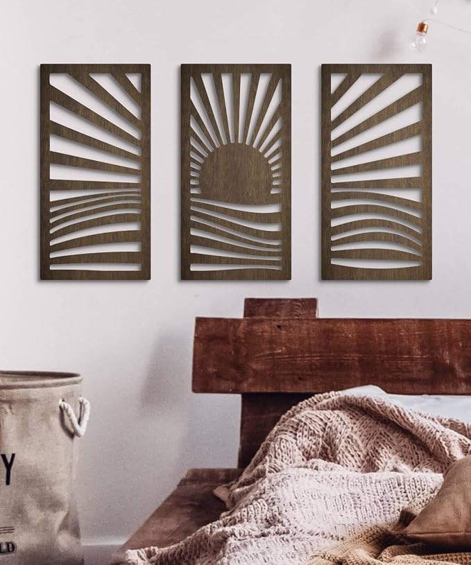 Putuo Decor Wooden Mid-Century Modern Wall Art Set of 3, Sunrise Landscape Wall Decor Nature-Inspired Geometric Artwork for Living Room Bedroom Entryway Dark Brown Modern Wall Sculpture