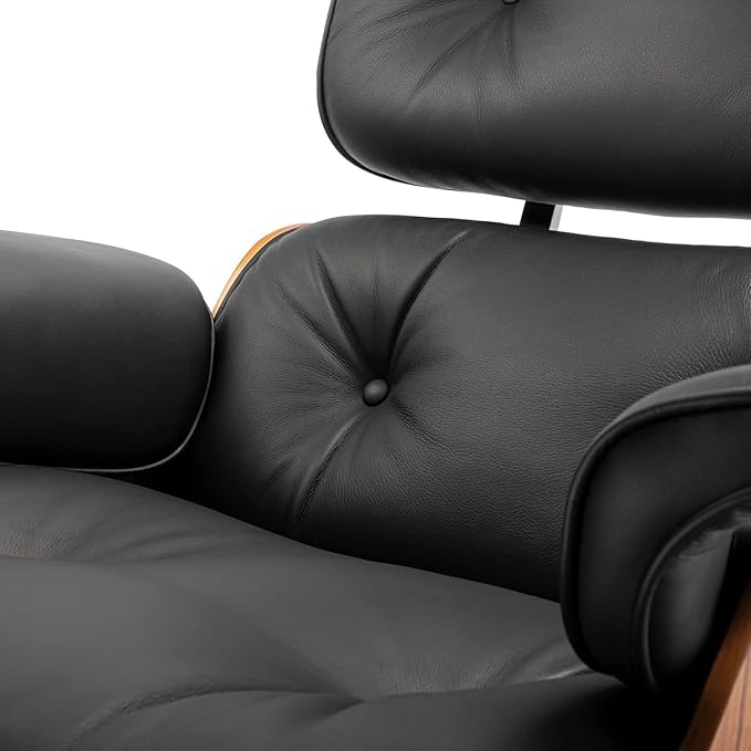 Top Black Grain Leather Mid Century Chaise Lounge Chair with Ottoman, Recliner Chaise Lounge, Modern Accent Chair for Living Room Office (Light Walnut)