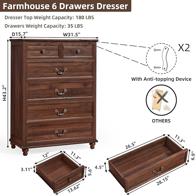 Farmhouse 6 Drawer Dresser Set of 2 for Bedroom, 42" Tall Rustic Chests of Drawers w/ 4 Solid Wood Feet, Mid Century Vintage Wooden Closet Storage Dressers Organizer for Living Room,Brown