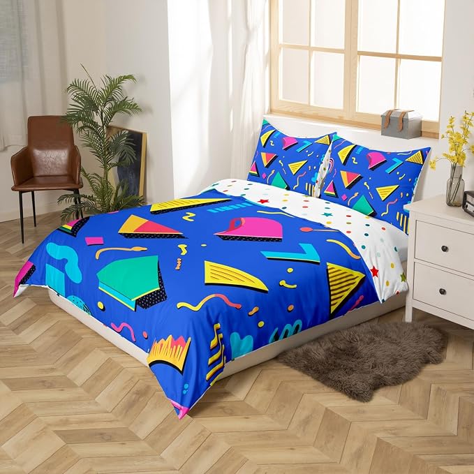 Memphis Duvet Cover Hipster Retro Bedding Set,80s and 90s Hip Hop Funky Comforter Cover Colorful Pop Art Inspired Pattern Twin Bed Set,Watercolor Eighties Memphis Geometrical 80s Bedroom Decor