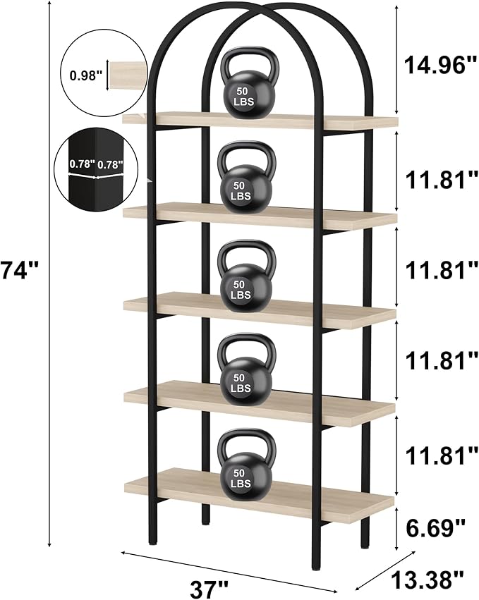 Yusong Bookshelf 5 Tier Arched Bookcase, 74" Tall Industrial Open Book Shelves for Living Room, Modern Freestanding Display Shelving Storage Rack with Metal Frame, Office, Bedroom, Natural Wood Color