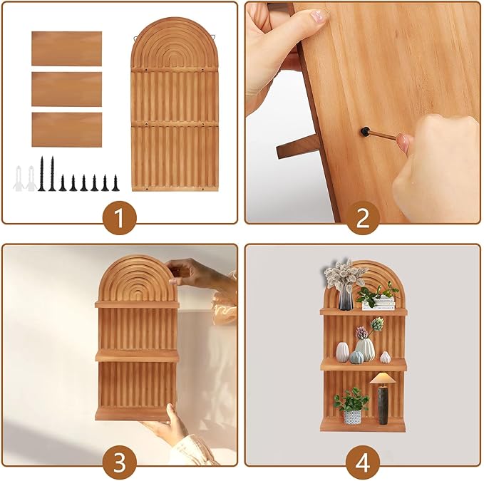 Boho Wall Decor Floating Shelves for Bedroom and Living Room, Mid Century Modern Wooden Wall Shelf Set for Plants and Display, Vintage Arched Decorative Shelves 2 pcs