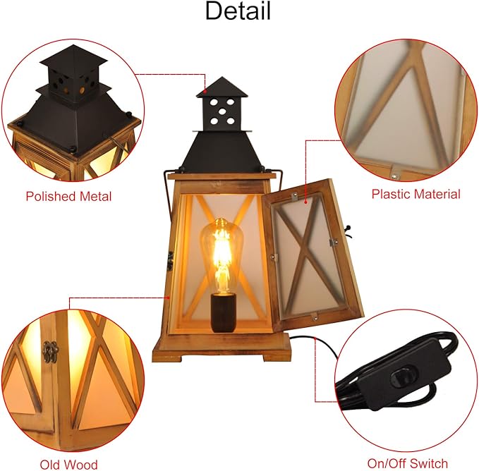 Antique Wood Electric Lantern Lights Table Lamp, Vintage Farmhouse Nautical Decorative, Bedside Night Lights Desk Lamp for Bedroom Living Room, Hanging Light Fixture for Indoor and Outdoor