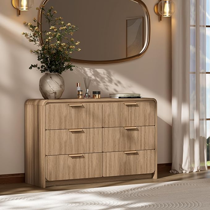 47" Wide Fluted 6 Drawer Dresser for Bedroom, Chest of Drawers with Curved Profile Design, Modern Wood Closet Clothes Storage Organizer for Bedroom, Living Room, Hallway, Walnut
