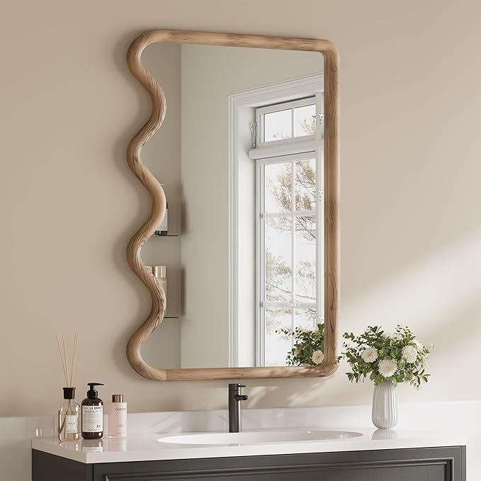 ULIKE Wavy Mirror for Wall, Rustic Wood Mirror for Bathroom Vanity, 24x36 Wooden Wall Mirrors Decorative for Bedroom, Living Room, Entryway, Brown