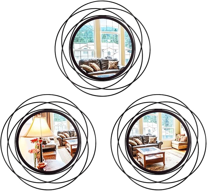 3 Set Round Mirrors for Wall Decor Living Room Bedroom Bathroom Dining Room Metal Circle Mirror Set Boho Decorative Sunburst Wall Art Accent Entryway - Black 13.3 in