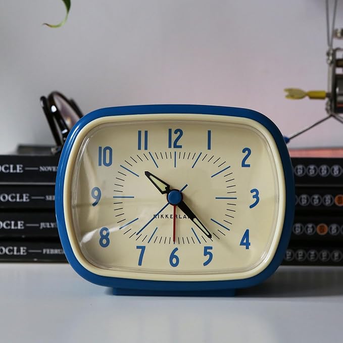 Kikkerland Retro Alarm Clock – Vintage Decor for Bedroom, Nightstand, Living Room, or Office – Battery Operated, Decorative Analog Clock, Blue